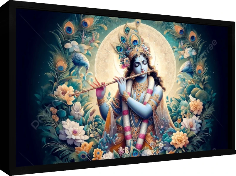 Digital painting of Lord Krishna playing the flute, surrounded by peacock feathers and lotuses. — floater frame preview | PrintPosters.in